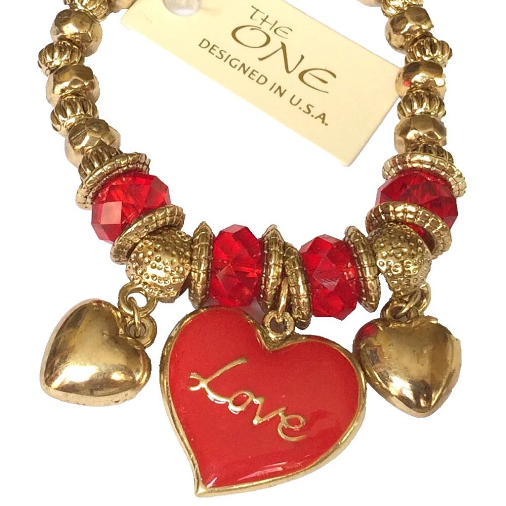 Gold Heart LOVE Charm Bracelet Red Enamel Adjustable Stretch Plated Valentine